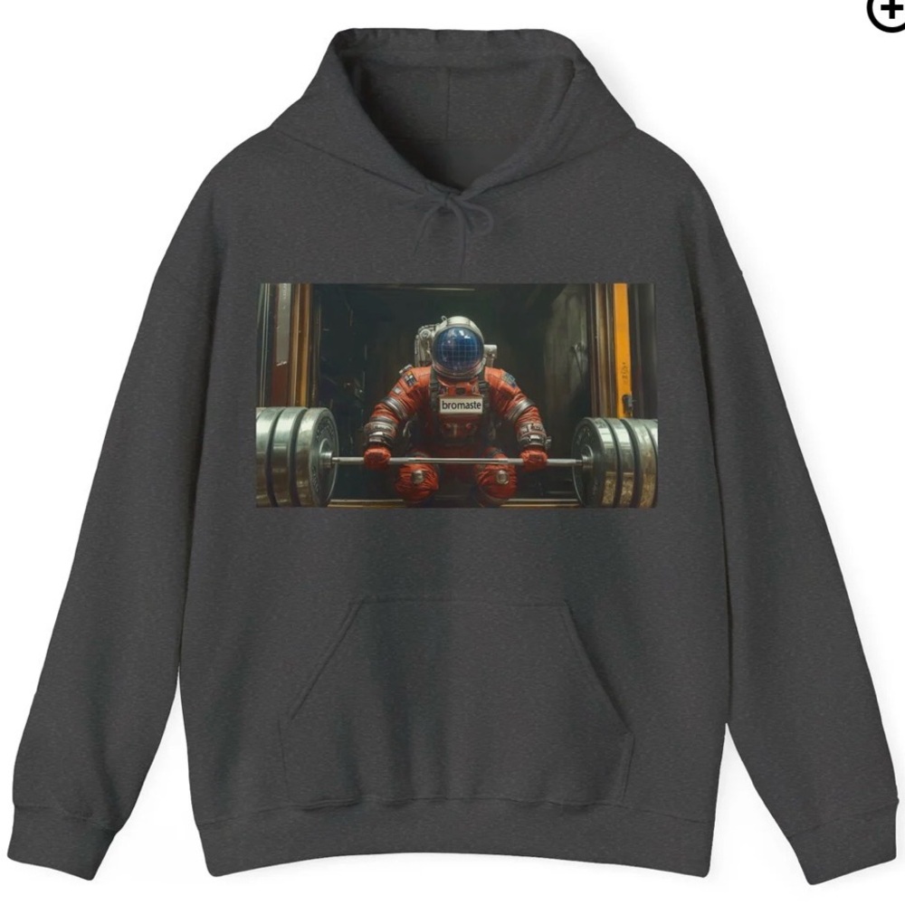 Bromaste Astronaut Weightlifting Graphic Hoodie‎ Sweatshirt Men's 2XL Dark Gray